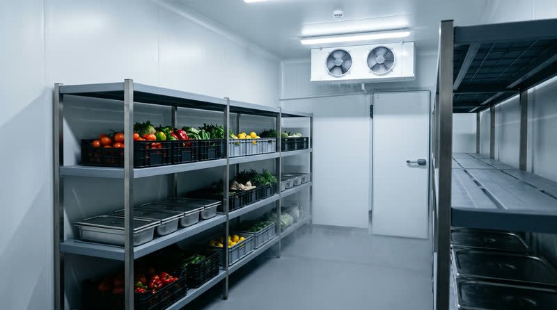 Ψυκτικός θάλαμος εστίασης με εξατμιστή δύο ανεμιστήρων και ράφια με φρέσκα λαχανικά